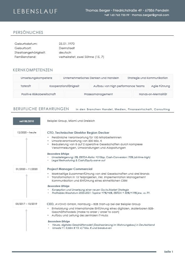 Screenshot einer modernen, tabellarischen Lebenslauf-Vorlage mit klaren Abschnitten für persönliche Daten, Berufserfahrung und Ausbildung.