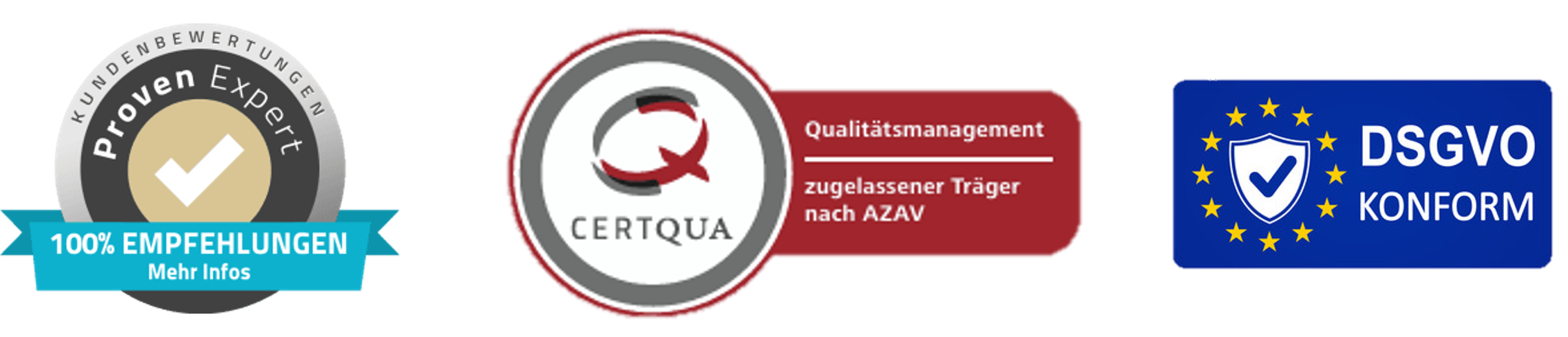 Logo von ProvenExpert, AZAV Zertifikat von Certqua und Logo DSGVO