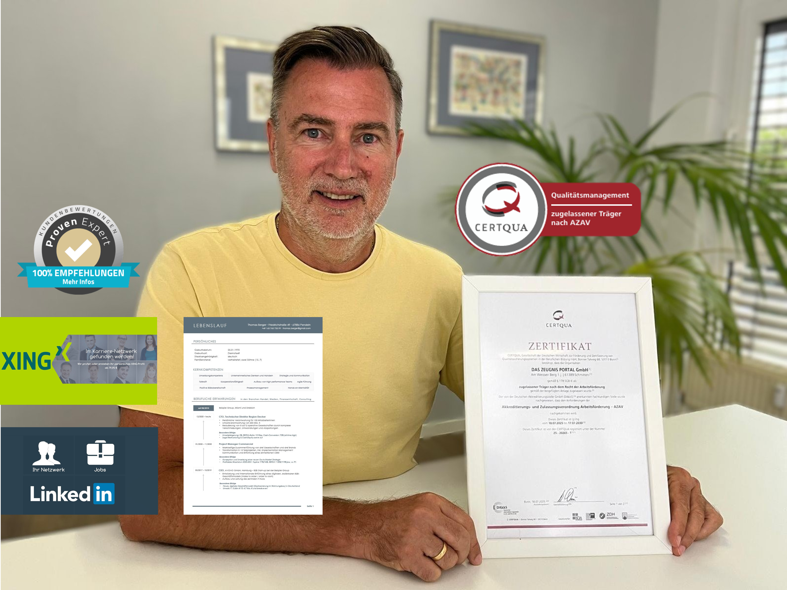 Dirk Hanusch, GF der Firma Das Zeugnis Portal GmbH mit LinkedIn / XING, ProvenExpert , Lebenslauf und AZAV Zertifikat von Certqua